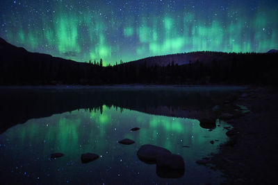 Scenic view of lake against sky at night