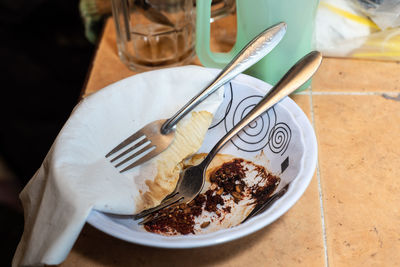 High angle view of breakfast served on table