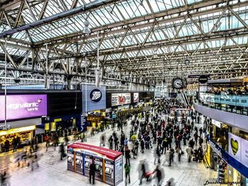 High angle view of people at railroad station