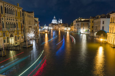 Panoramic view of illuminated city buildings at night