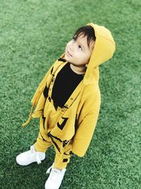 High angle view of boy on field