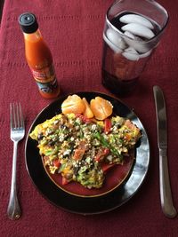 High angle view of meal served on table