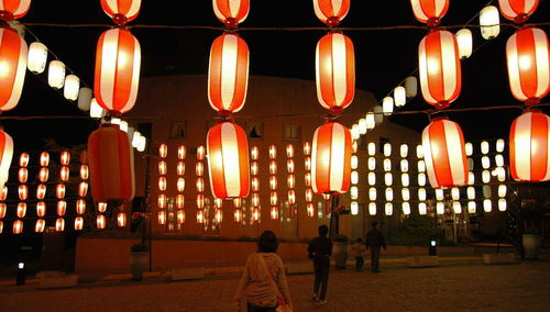 Rear view of people surrounded by illuminated lanterns at night