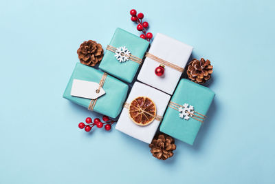 High angle view of christmas decorations on table