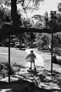 Rear view of woman walking on street amidst trees