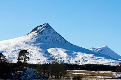 Scenic view of snowcapped maiden pap and morven mountains against clear blue sky