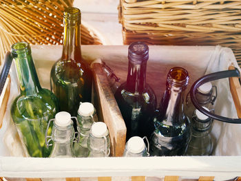High angle view of bottles on table
