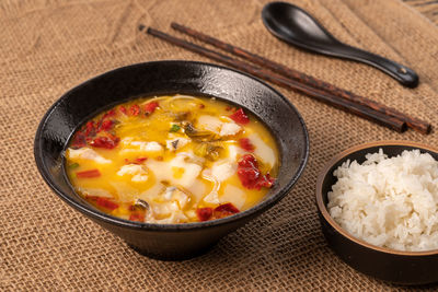 Close-up of breakfast served on table