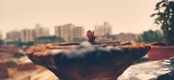 Close-up of hand against sky in city