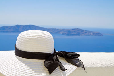 Rear view of hat looking at sea against sky