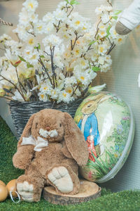 High angle view of stuffed toy in basket on table