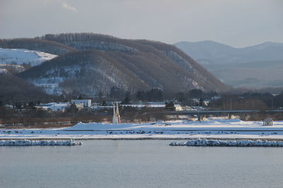 Scenic view of lake against sky during winter