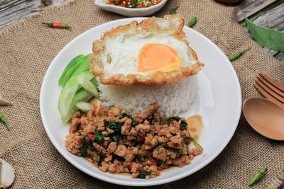 High angle view of breakfast served on table