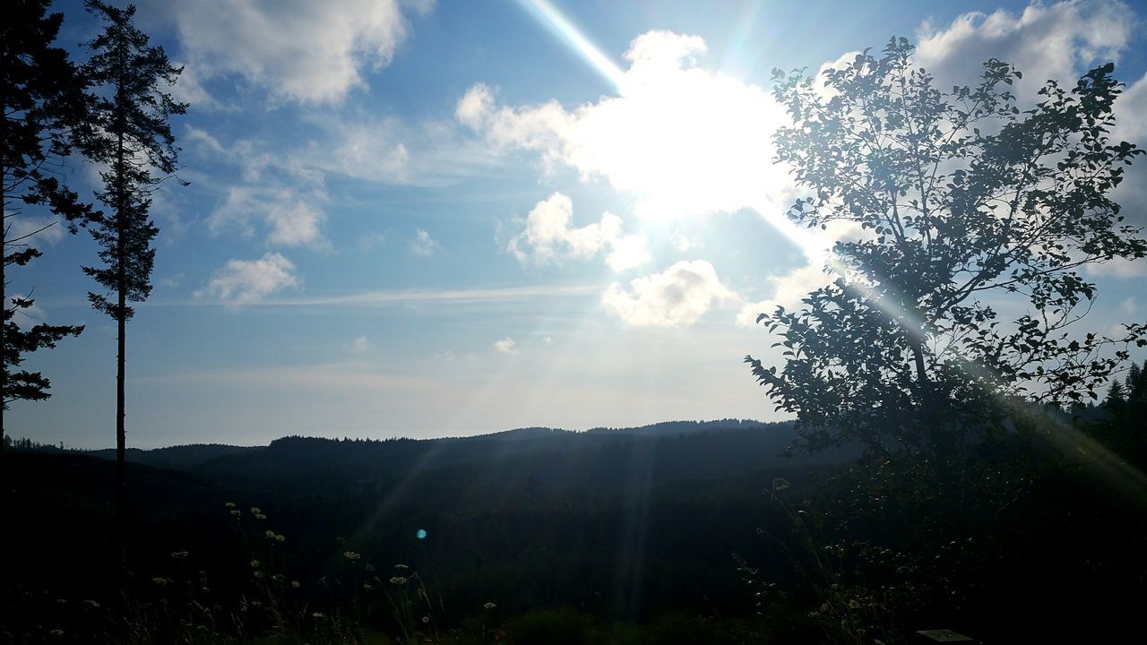 sun, sunbeam, sky, sunlight, tranquility, tranquil scene, lens flare, scenics, beauty in nature, landscape, nature, cloud - sky, mountain, tree, sunny, cloud, bright, non-urban scene, idyllic, field