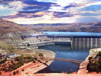 High angle view of dam against sky