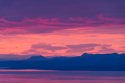 Scenic view of lake against romantic sky at sunset