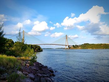 View of suspension bridge against cloudy sky