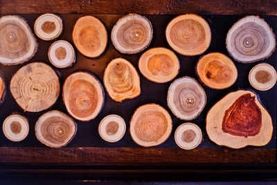 Directly above shot of stack on wooden table