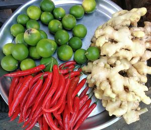 High angle view of fruits in plate