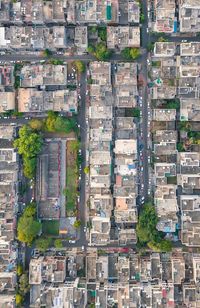 High angle view of street and buildings in city