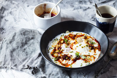 High angle view of breakfast served on table