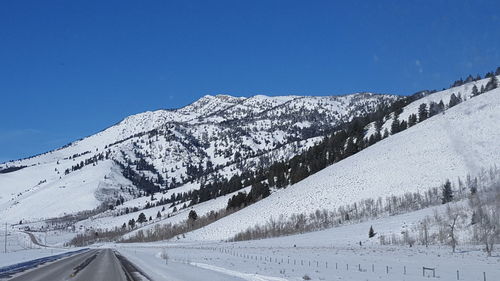 Snowcapped mountains against clear blue sky