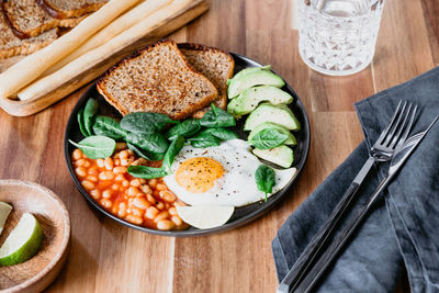 High angle view of breakfast served on table