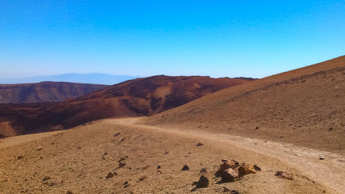 Scenic view of desert against clear blue sky