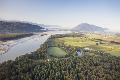 High angle view of fraser river, forest and farms near mission, b.c.