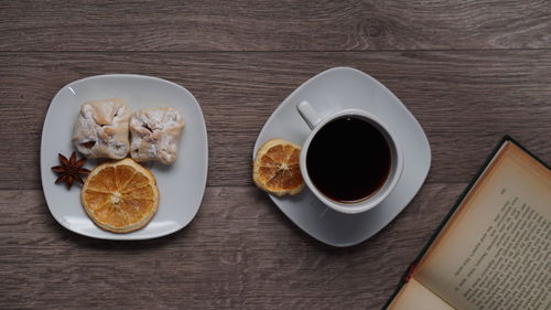 High angle view of breakfast on table