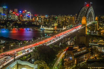 High angle view of illuminated cityscape