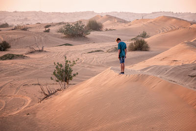 Rear view of man on sand dune in desert