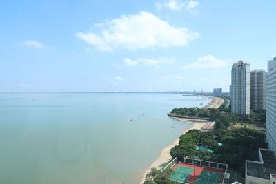 Scenic view of sea by buildings against sky