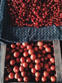 High angle view of strawberries in container