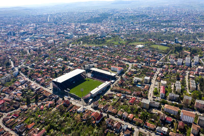 Aerial view of city of cluj napoca and cfr 1907 football club stadium