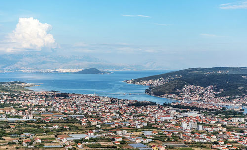 High angle view of coastal town of trogir and ciovo island in adriatic sea in croatia