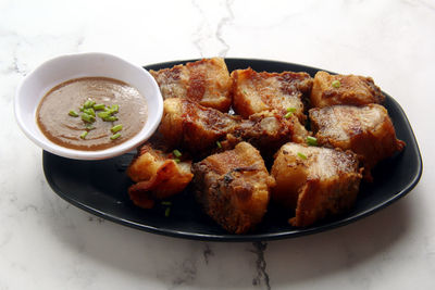 High angle view of food in plate on table