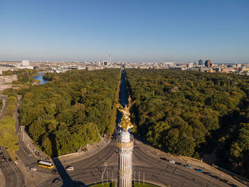 Panoramic view of city buildings against clear sky