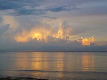 Reflection of clouds in sea at sunset