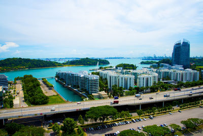 High angle view of cityscape against sky