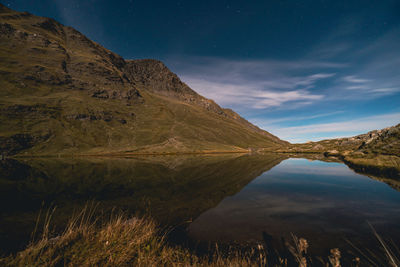 Scenic view of mountains against sky at night