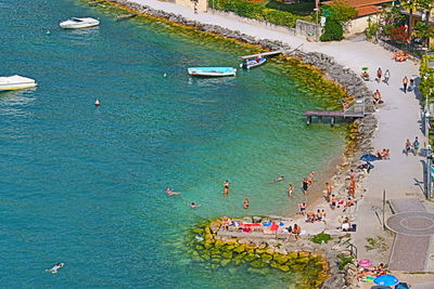 High angle view of boats moored in sea