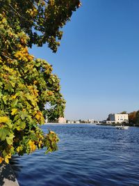 Scenic view of river against clear blue sky