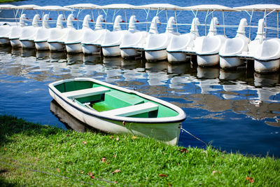 Boats moored on lake shore