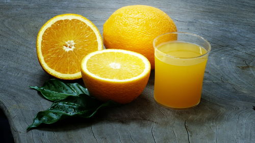 High angle view of orange juice on table