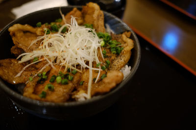 Close-up of noodles in bowl on table