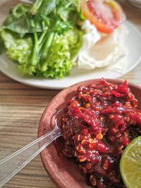 High angle view of salad in plate on table