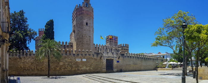 Panoramic view of temple building against clear blue sky