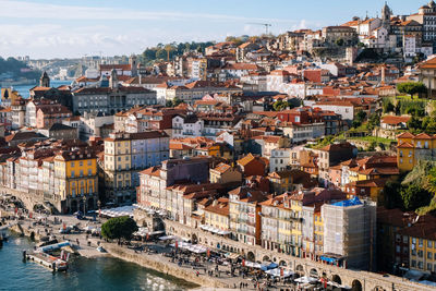 High angle view of buildings in town