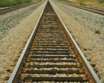 Diminishing view of railroad track on field